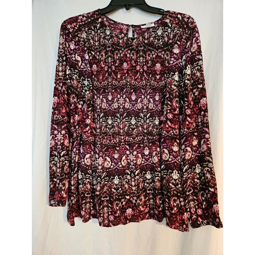 J Jill Purple Red Smocked Long Sleeve Watercolor Floral Rayon‎ Tunic Blouse L